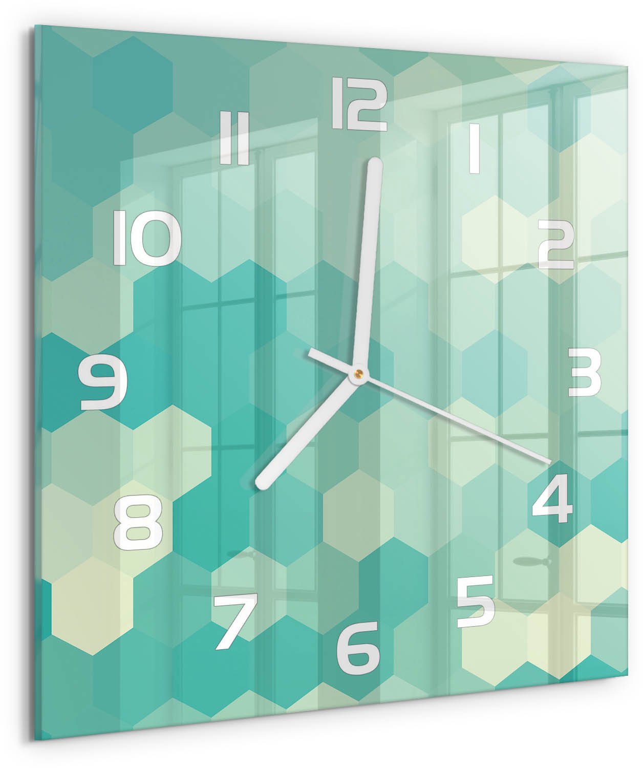 TULUP Wandklok - Geometrische achtergrond Glazen Wandklok Design - 30x30 cm - Groente Klok Glas Met Opdruk - Witte handen - Vierkante Klok - Wandklok Glas Met Motief - Decoratieve Glazen Klok