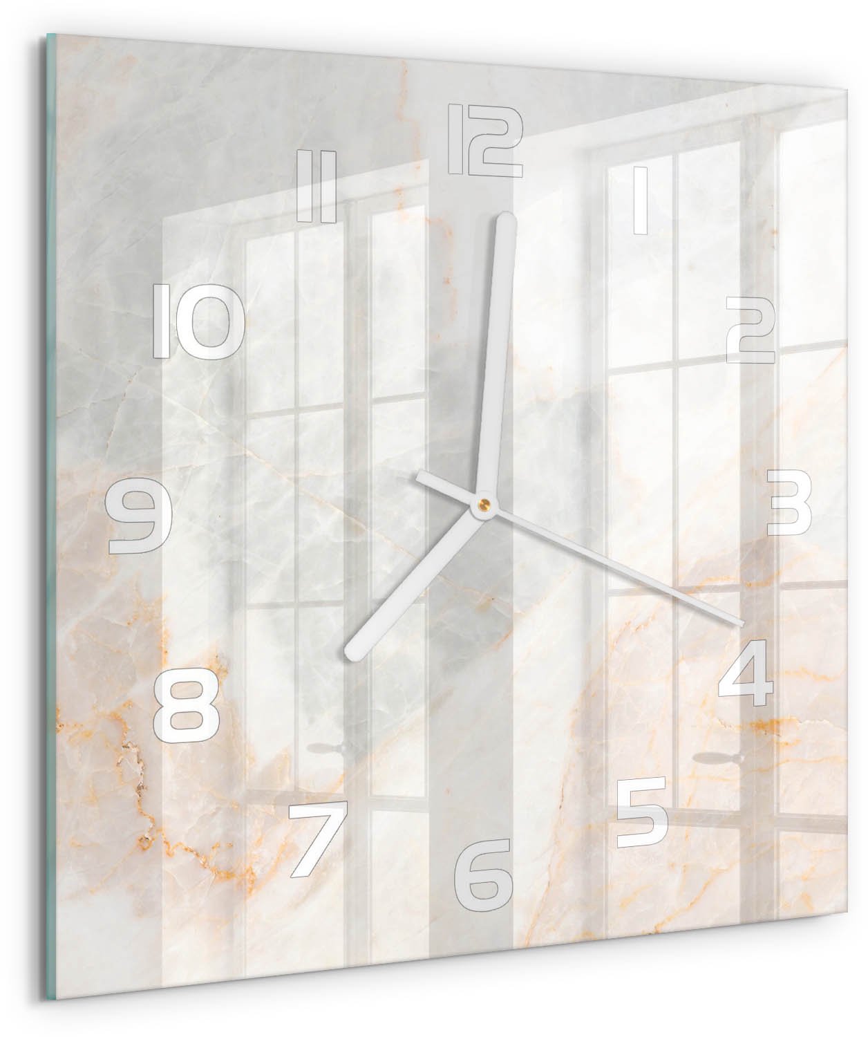 TULUP Wandklok - Marmer Glazen Klok Met Print - 30x30 cm - Beige Wandklok Glas Met Motief - Witte handen - Vierkante Klok - Wandklok Glas Decoratie - Gekleurde Glazen Klok