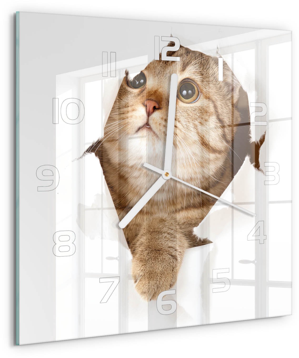 Tulup Wandklok - Kat Klok Glas Met Opdruk - 30x30 cm - Beige Moderne Wandklok Glas - Witte handen - Vierkante Klok - Decoratieve Glazen Klok - Glazen Wandklok Design