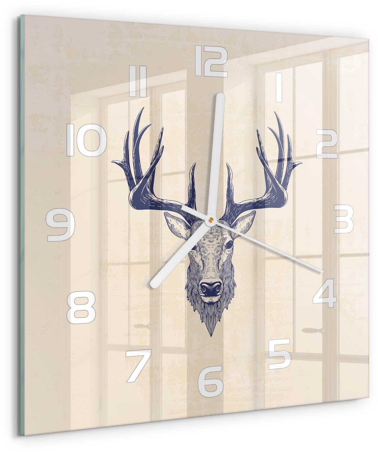 Tulup Wandklok - Hert Hert Klok Glas Met Opdruk - 30x30 cm - Beige Moderne Wandklok Glas - Witte handen - Vierkante Klok - Decoratieve Glazen Klok - Glazen Wandklok Design
