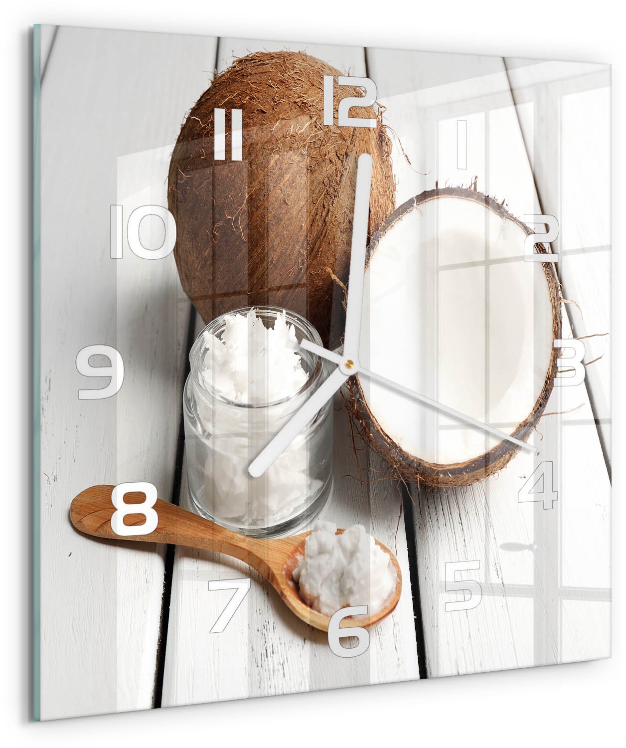 Tulup Wandklok - Kokosolie Glazen Wandklok Design - 30x30 cm - Bruin Klok Glas Met Opdruk - Witte handen - Vierkante Klok - Wandklok Glas Met Motief - Decoratieve Glazen Klok