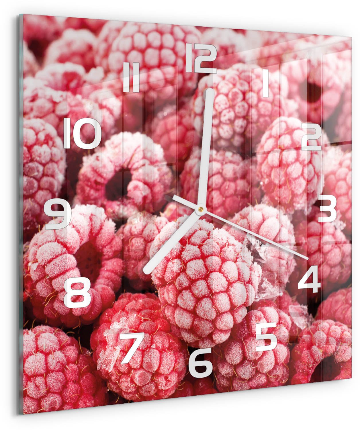 Tulup Wandklok - Bevroren frambozen Wandklok Glas Decoratie - 30x30 cm - Rood Gekleurde Glazen Klok - Witte handen - Vierkante Klok - Klok Glas Met Opdruk - Moderne Wandklok Glas