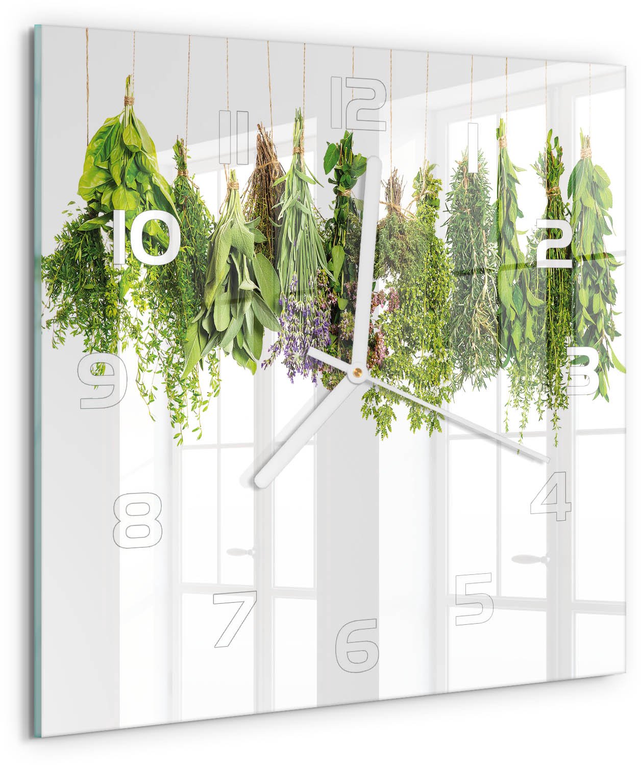 Tulup Wandklok - Kruiden aan een touwtje Glazen Wandklok Design - 30x30 cm - Groente Klok Glas Met Opdruk - Witte handen - Vierkante Klok - Wandklok Glas Met Motief - Decoratieve Glazen Klok