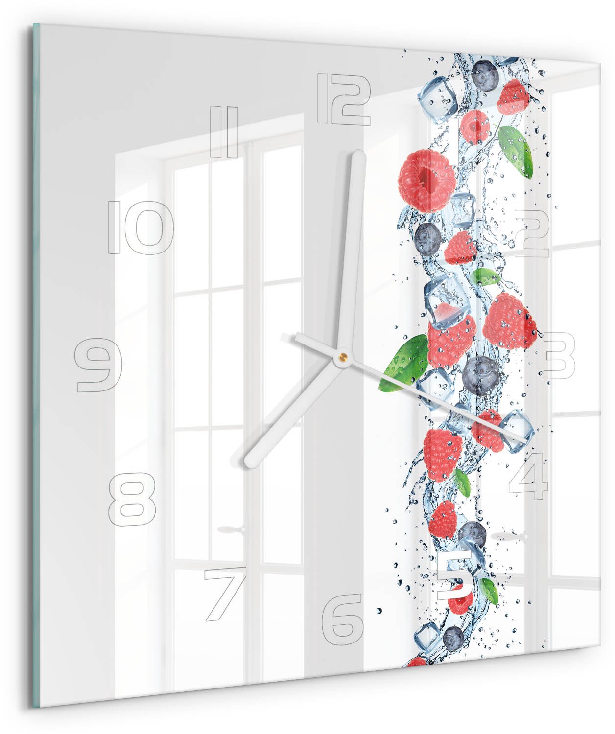Tulup Wandklok - Bosvruchten met ijs Gekleurde Glazen Klok - 30x30 cm - Rood Glazen Klok Met Print - Witte handen - Vierkante Klok - Moderne Wandklok Glas - Wandklok Glas Decoratie