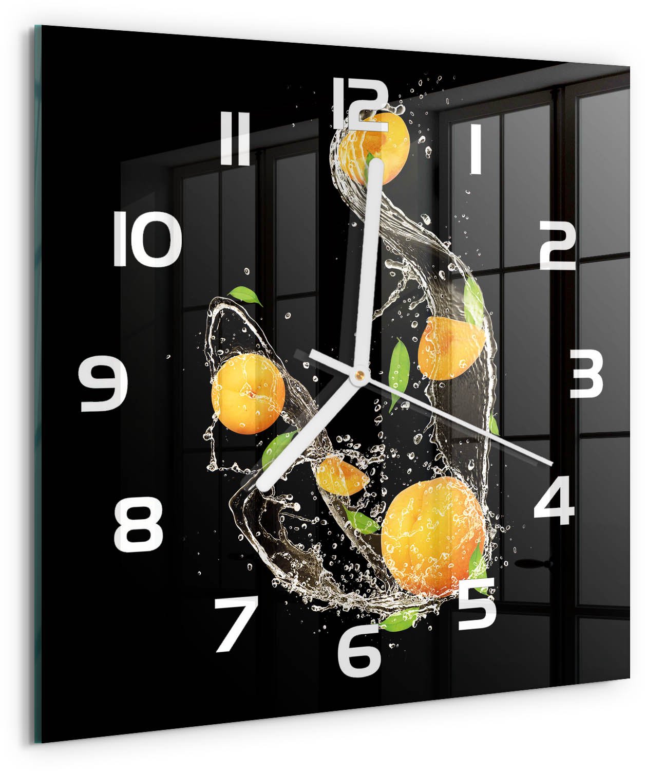 Tulup Wandklok - Abrikozen en water Wandklok Glas Met Motief - 30x30 cm - Oranje Decoratieve Glazen Klok - Witte handen - Vierkante Klok - Gekleurde Glazen Klok - Glazen Klok Met Print
