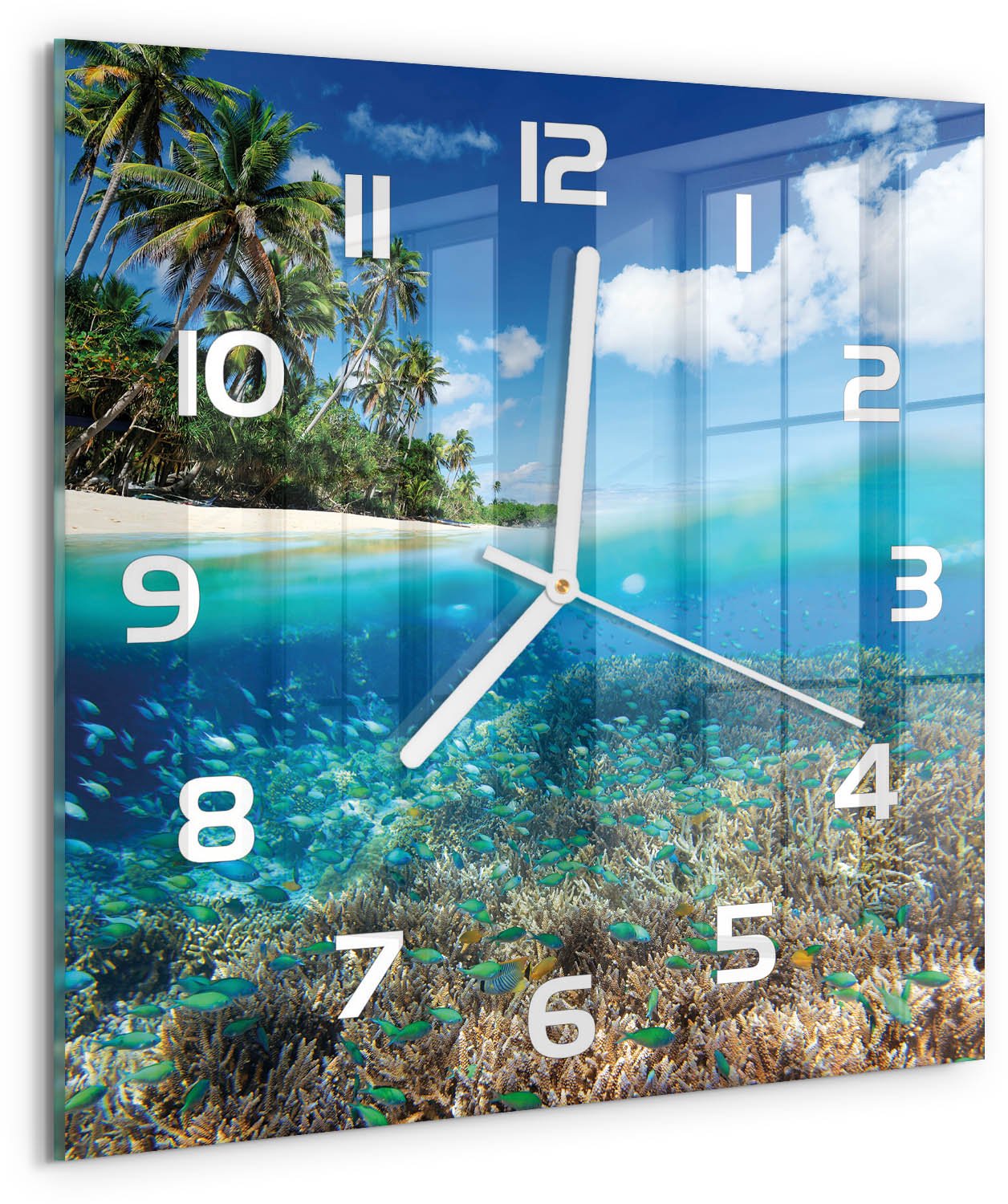 Tulup Wandklok - Koraalrif Decoratieve Glazen Klok - 30x30 cm - Blauw Glazen Wandklok Design - Witte handen - Vierkante Klok - Glazen Klok Met Print - Wandklok Glas Met Motief