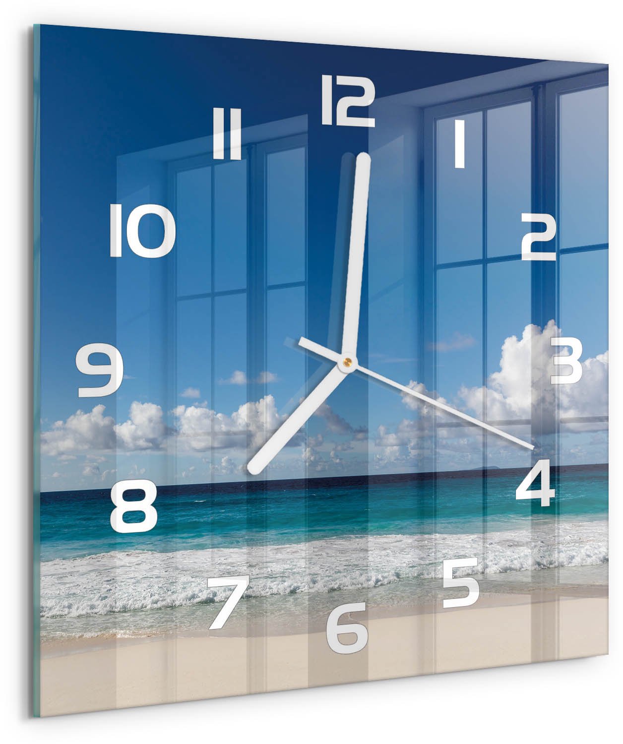 Tulup Wandklok - strand op de Seychellen Moderne Wandklok Glas - 30x30 cm - Blauw Wandklok Glas Decoratie - Witte handen - Vierkante Klok - Glazen Wandklok Design - Klok Glas Met Opdruk