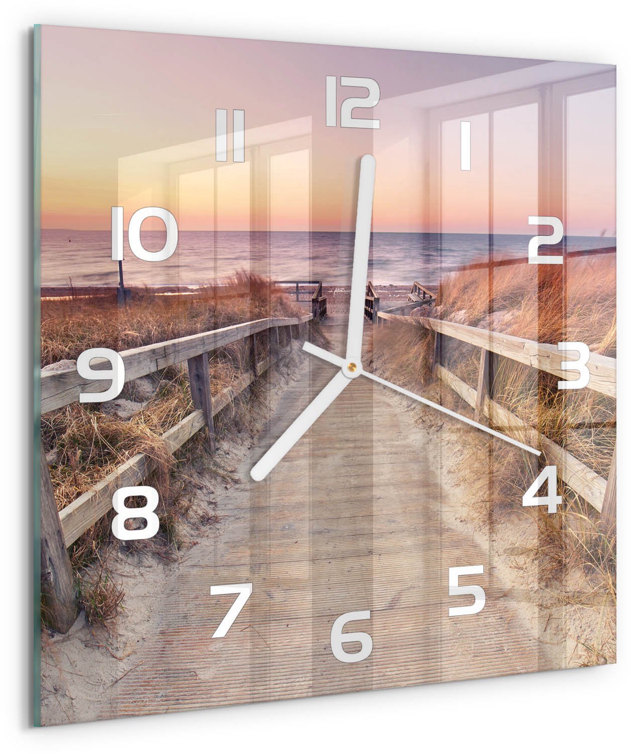 Tulup Wandklok - De weg naar het strand Glazen Klok Met Print - 30x30 cm - Oranje Wandklok Glas Met Motief - Witte handen - Vierkante Klok - Wandklok Glas Decoratie - Gekleurde Glazen Klok