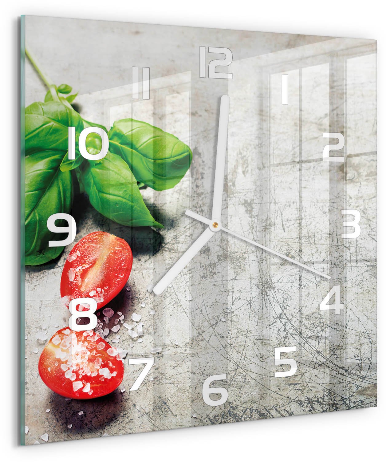 Tulup Wandklok - Tomaten en basilicum Glazen Klok Met Print - 30x30 cm - Rood Wandklok Glas Met Motief - Witte handen - Vierkante Klok - Wandklok Glas Decoratie - Gekleurde Glazen Klok