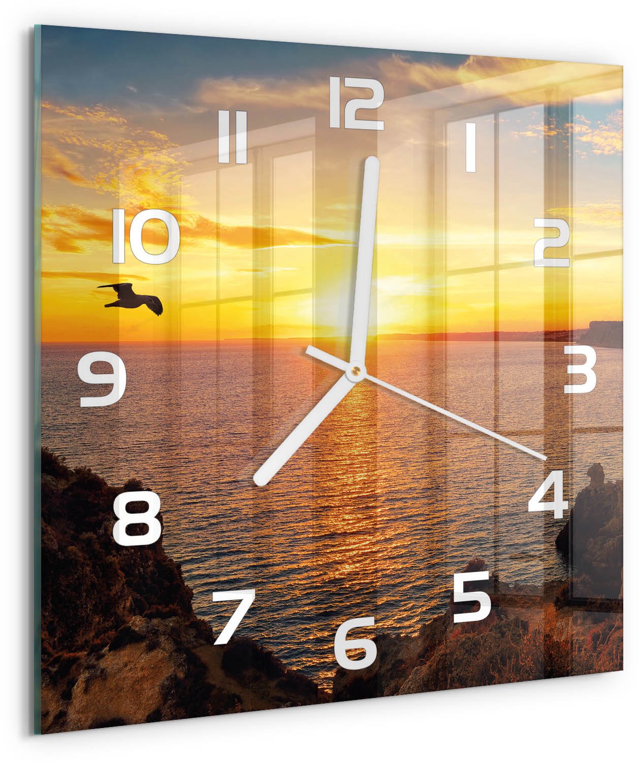 Tulup Wandklok - Zonsondergang Zee Decoratieve Glazen Klok - 30x30 cm - Geel Glazen Wandklok Design - Witte handen - Vierkante Klok - Glazen Klok Met Print - Wandklok Glas Met Motief