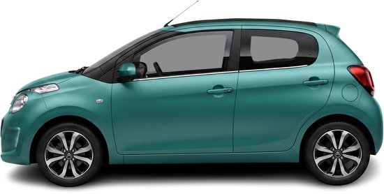 Citroën C1 in de kleur turkoois met zwarte accenten.