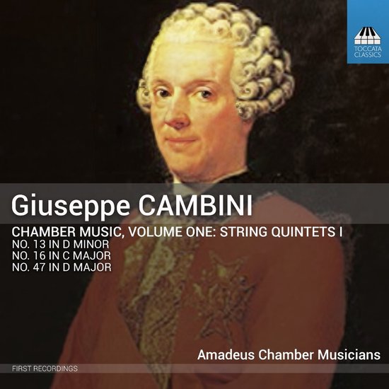 Cd-hoes Giuseppe Cambini Kamermuziek Deel Een met portret van de componist in een rood jasje en witte pruik.