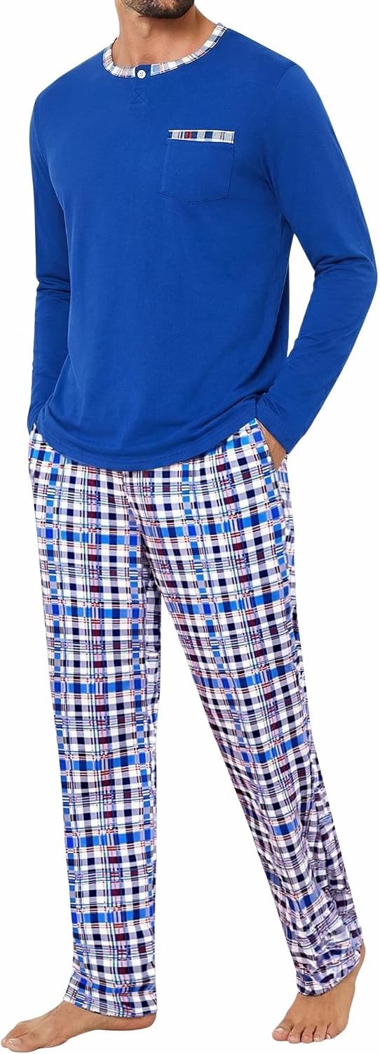 Pyjama voor Heren - Blauw - L - Katoenen Pyjamaset met Lange Mouwen en Geruite Broek - Voor Thuisloungewear