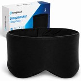 Masque de sommeil noir en coton de PurelyGoods. Le masque couvre entièrement les yeux et est réglable avec une bande élastique.