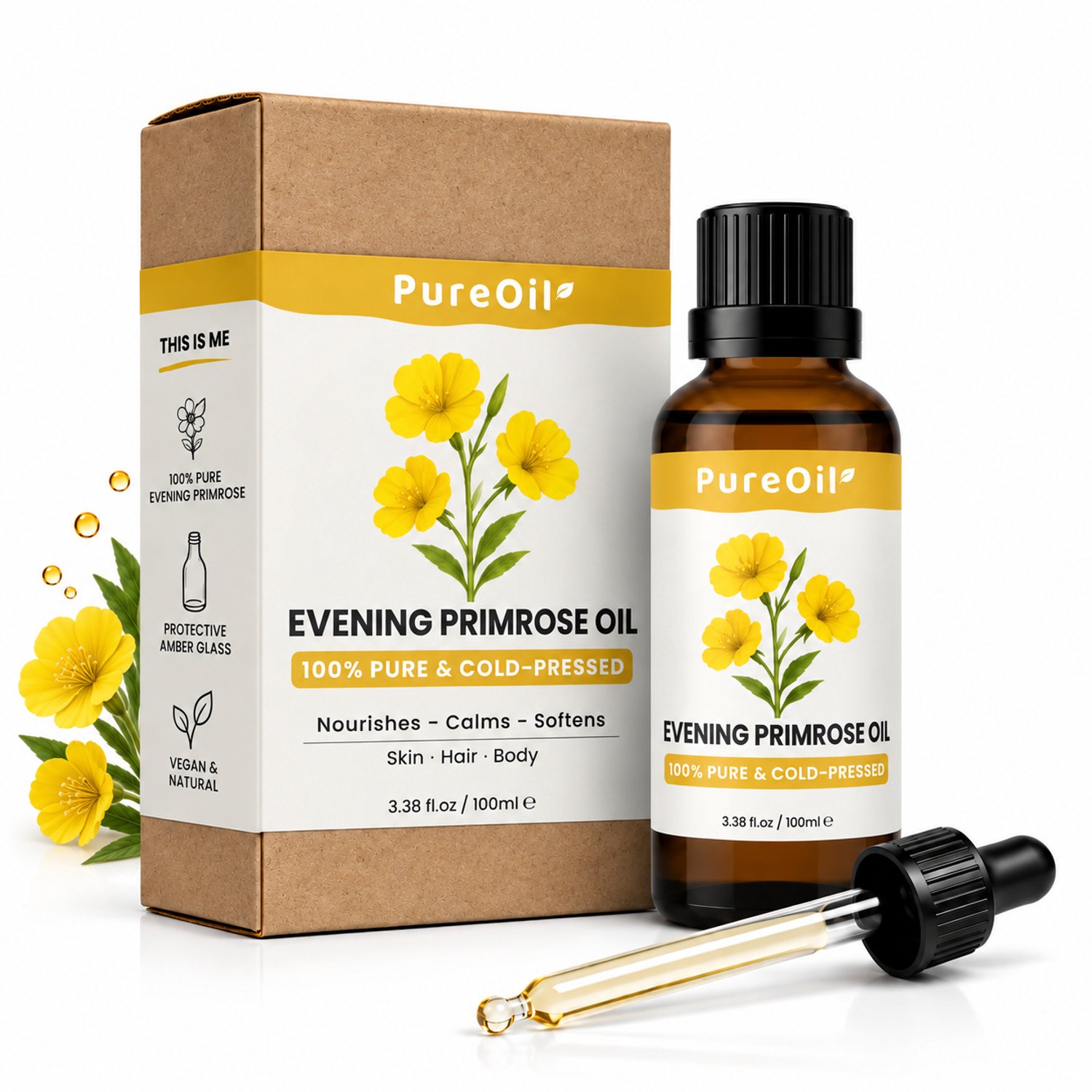 PureOil - Teunisbloemolie - 100ml - Etherische Olie - Voor Haar | Huid | Gezicht | Scalp | Nagels - Voor droge, gevoelige huid en Acne - Haarolie - 100% Puur, Natuurlijk & Vegan