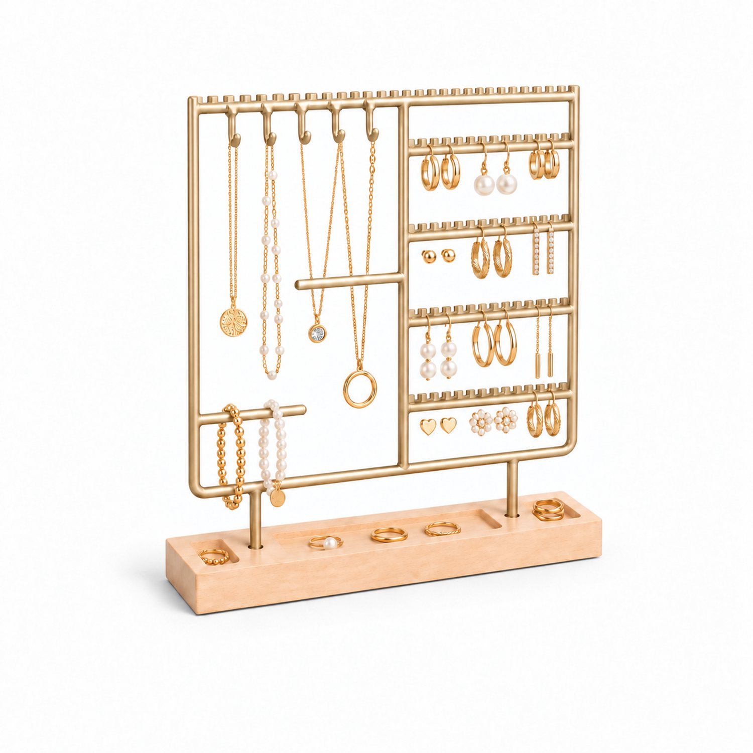DIVERZA Sieradenrek – Met Houten Standaard – Voor Kettingen en Oorbellen – Sieradenhouder – 34,5 × 30 cm / Goud