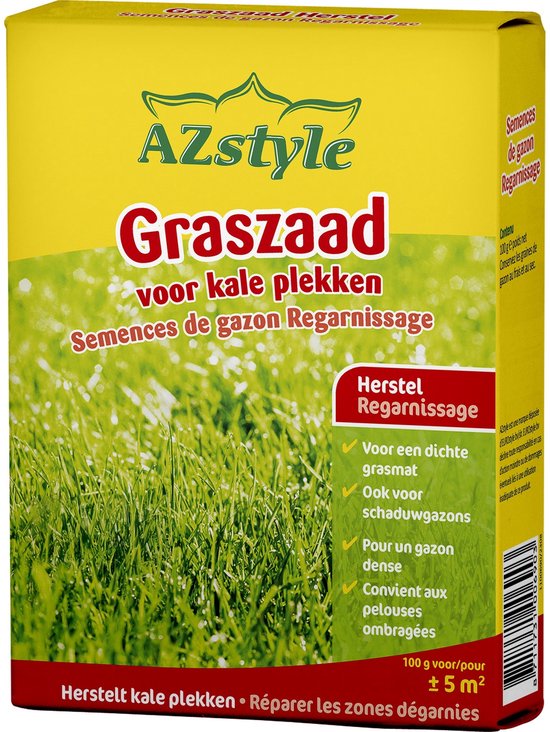 Gele verpakking met graszaad, "Graszaad Herstel voor kale plekken", "Semences de gazon Regarnissage". Geschikt voor zon en schaduw.
