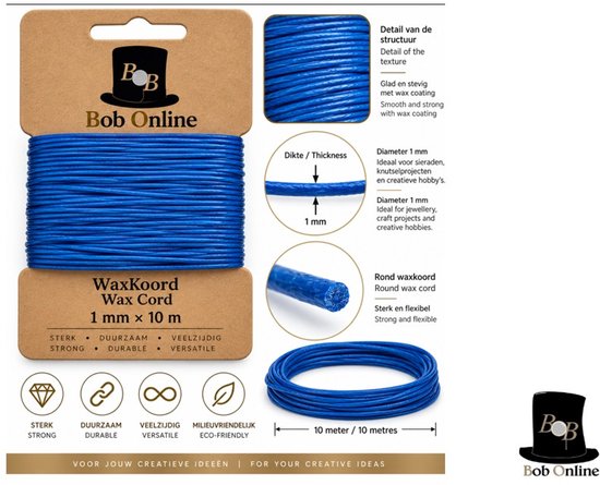 Rol blauw waxkoord van 1 mm x 10 meter op karton, met details over dikte, textuur en gebruik.