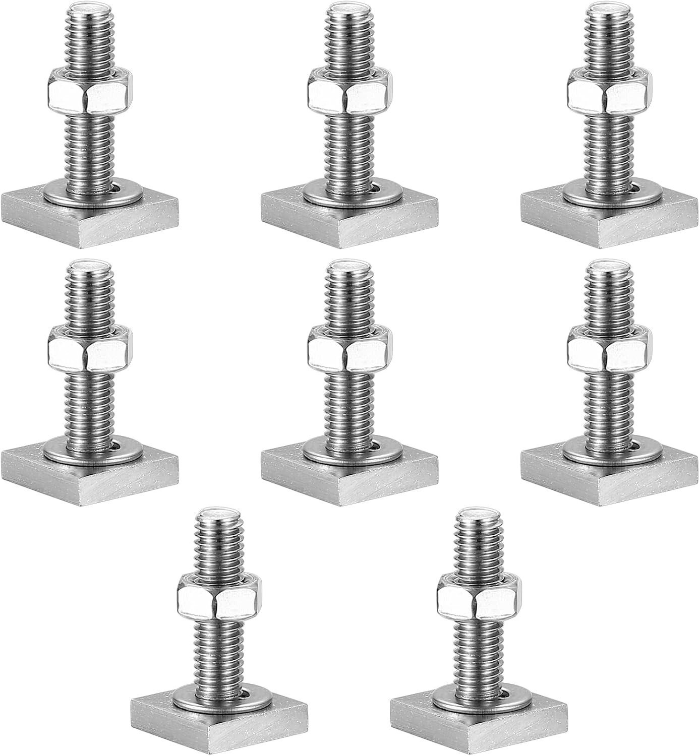 Set van 8 T-Groove Adapters 30 mm voor T-Groove Bouwstenen, Dakkoffers en Dakkappen, Rvs met Moeren en Washers, Geschikt voor M8 Vierkante Bevestigingen