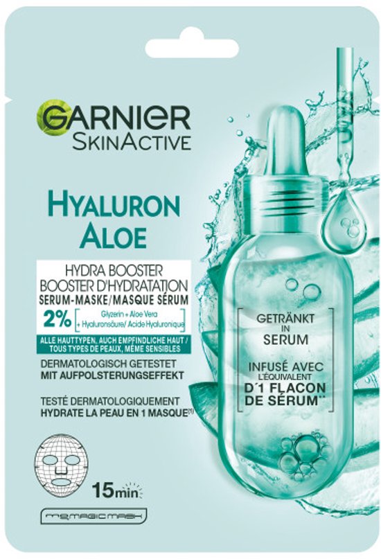 Garnier SkinActive Hyaluron Aloe Hydra Booster serummasker met hyaluronzuur en aloë vera.