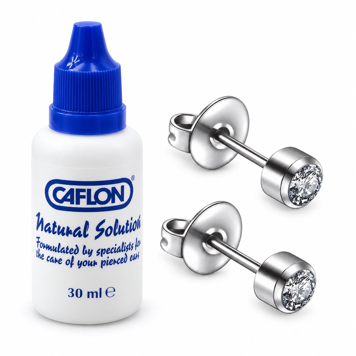 Caflon piercing set steriel verpakte 4mm titanium oorknopjes met naturel steentje en 1 flesje desinfectie lotion 30ml - unisex