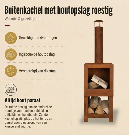 Roestige buitenkachel met ingebouwde houtopslag onder het vuurgedeelte. Gemaakt van dik staal.