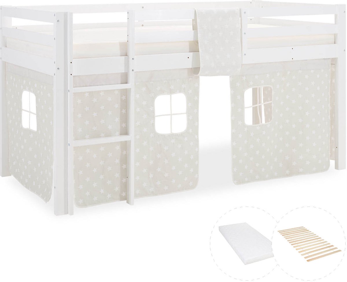 Homestyle4u Hoogslaper - 90x200 cm - met matras - ladder - grijs gordijn met sterren - wit