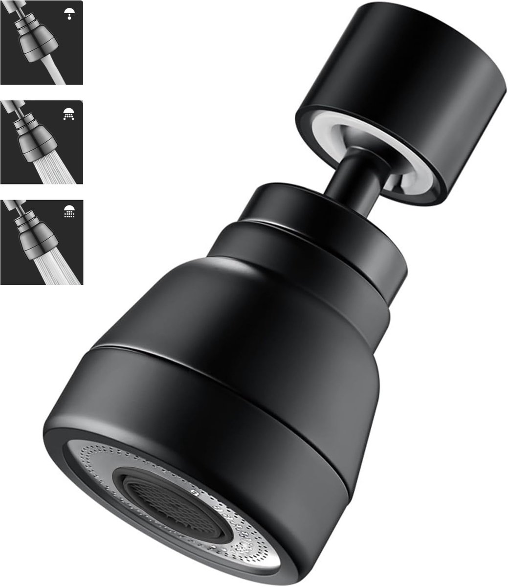scirove® Verlengadapter voor kraan, 3-standen 360° draaibare kraanverlenger, draaibare kraanluchtinjector, accessoires voor keukenkraan, messing behuizing (zwart)