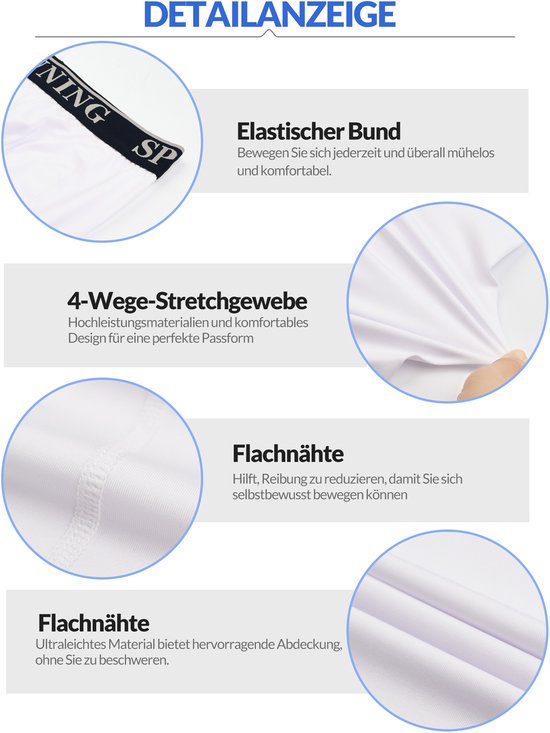 Gedetailleerde weergave van witte sportlegging: elastische tailleband, 4-weg stretchstof en platte naden.