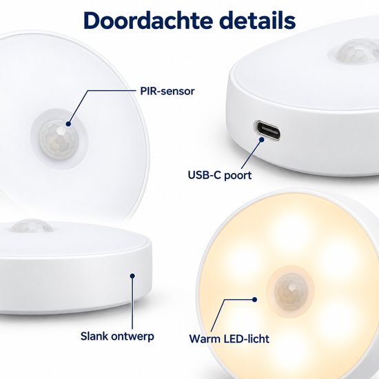 Ledverlichting - Bewegingssensor - 3 stuks - Rond - Draadloos - Oplaadbaar - USB C - Nachtlamp - Warm licht - Sensor - Kastverlichting - Trapverlichting - Nachtlampje van Bobypet — afbeelding 4