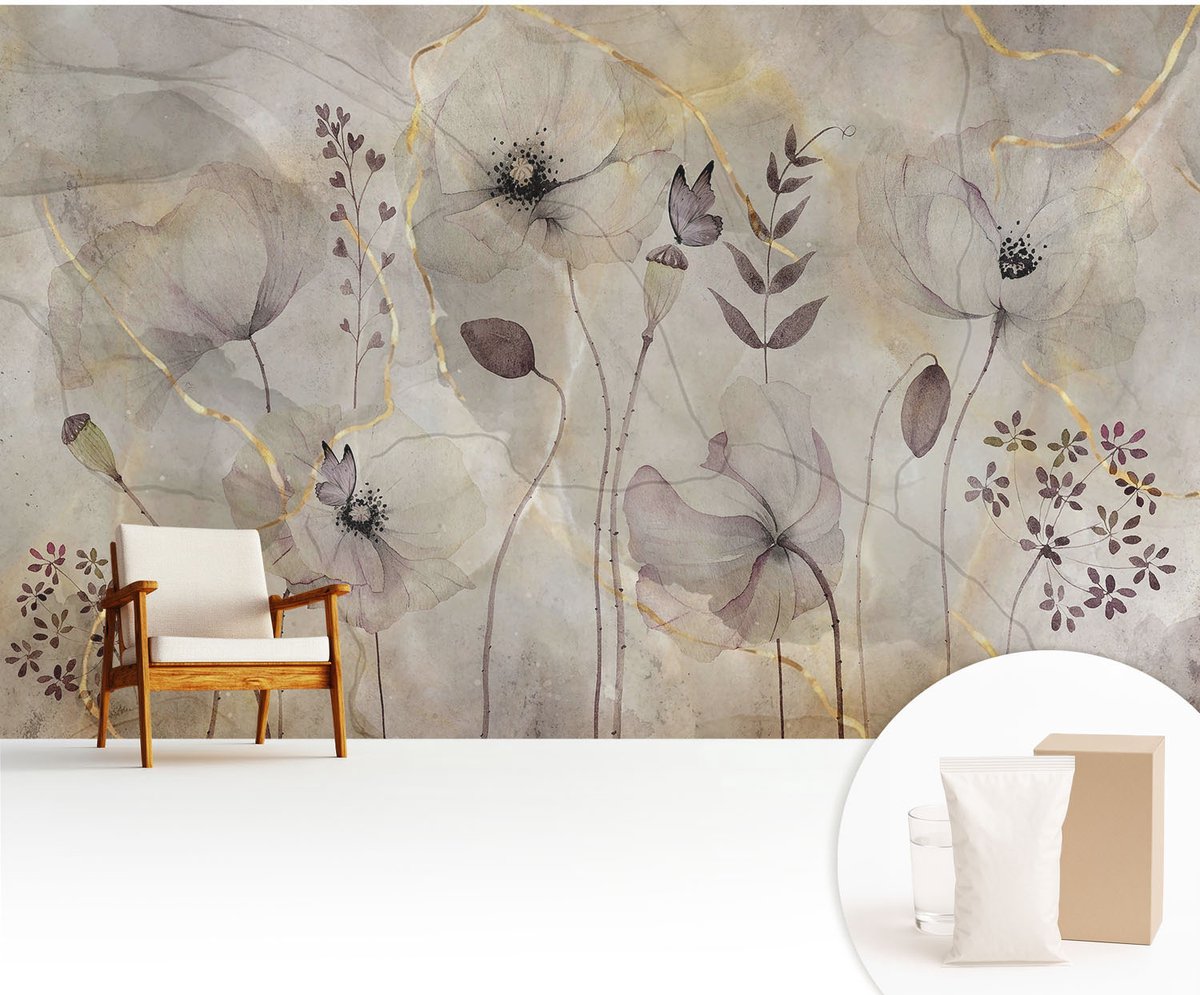 Wallfluent Fotobehang - Grijs Vliesbehang - 416x254 cm - Tere Bloemen Muurschildering - Gang behang Bloemen En Planten - Fotobehang Vlies - Gang behang