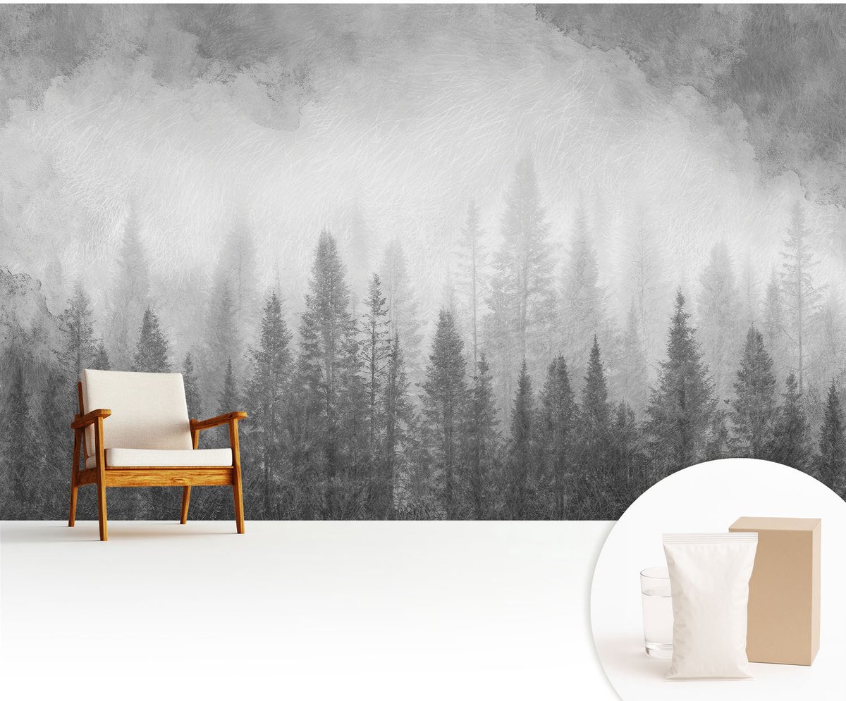Wallfluent Fotobehang - Zwart-Wit Vliesbehang - 416x254 cm - Bosmist Fotobehang Vlies - Hal behang Landschappen - Muurschildering - Woonkamer behang