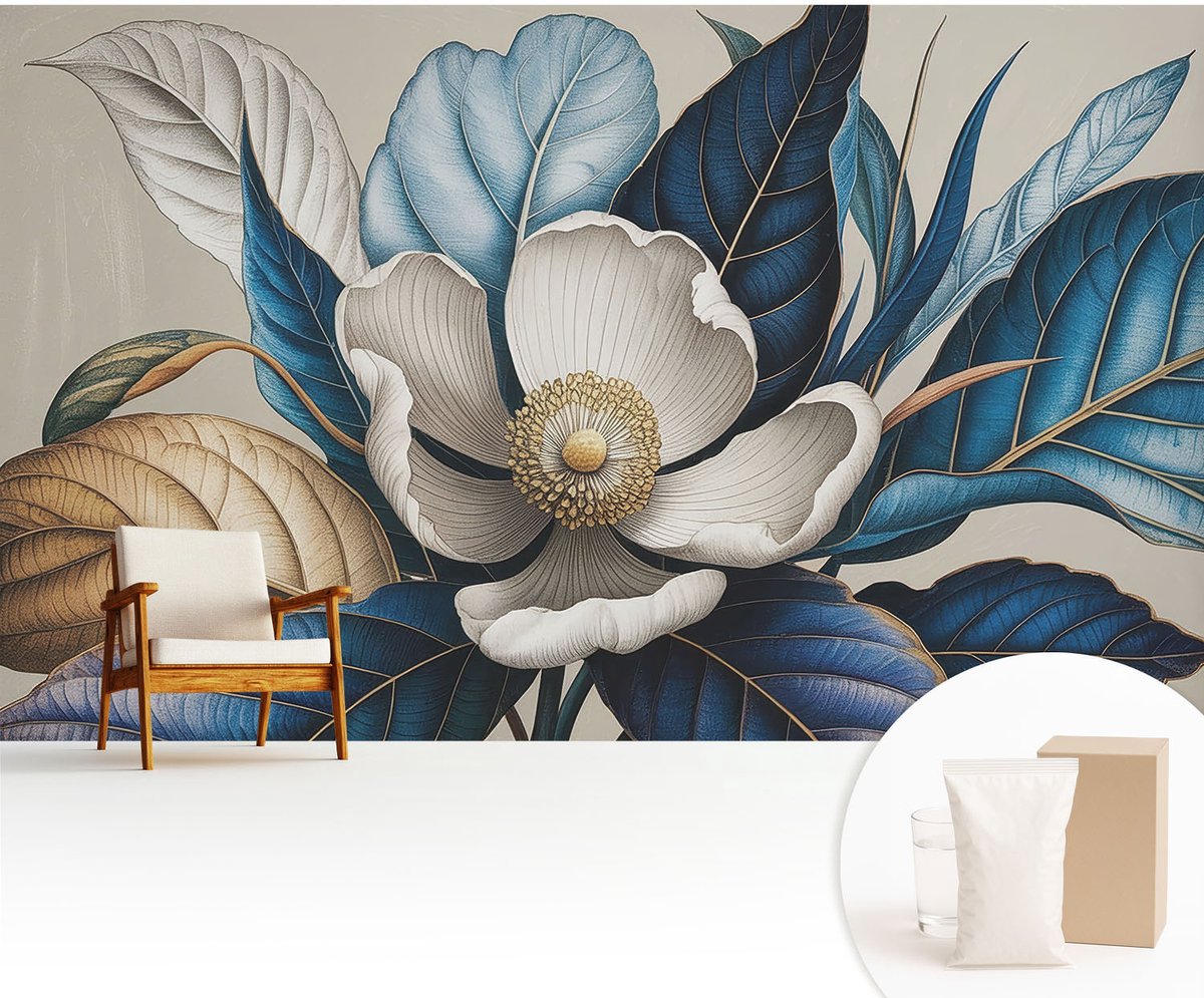 Wallfluent Fotobehang - Wit Vliesbehang - 416x254 cm - Elegante Flora Muurschildering - Slaapkamer behang Bloemen En Planten - Fotobehang Vlies - Slaapkamer behang
