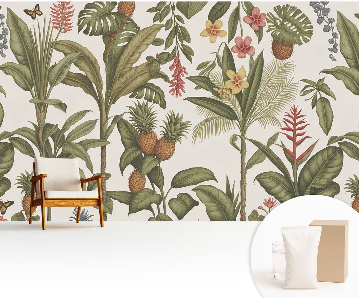Wallfluent Fotobehang - Grijs Vliesbehang - 416x254 cm - Exotische Natuur Fotobehang Vlies - Hal behang Bloemen En Planten - Muurschildering - Hal behang