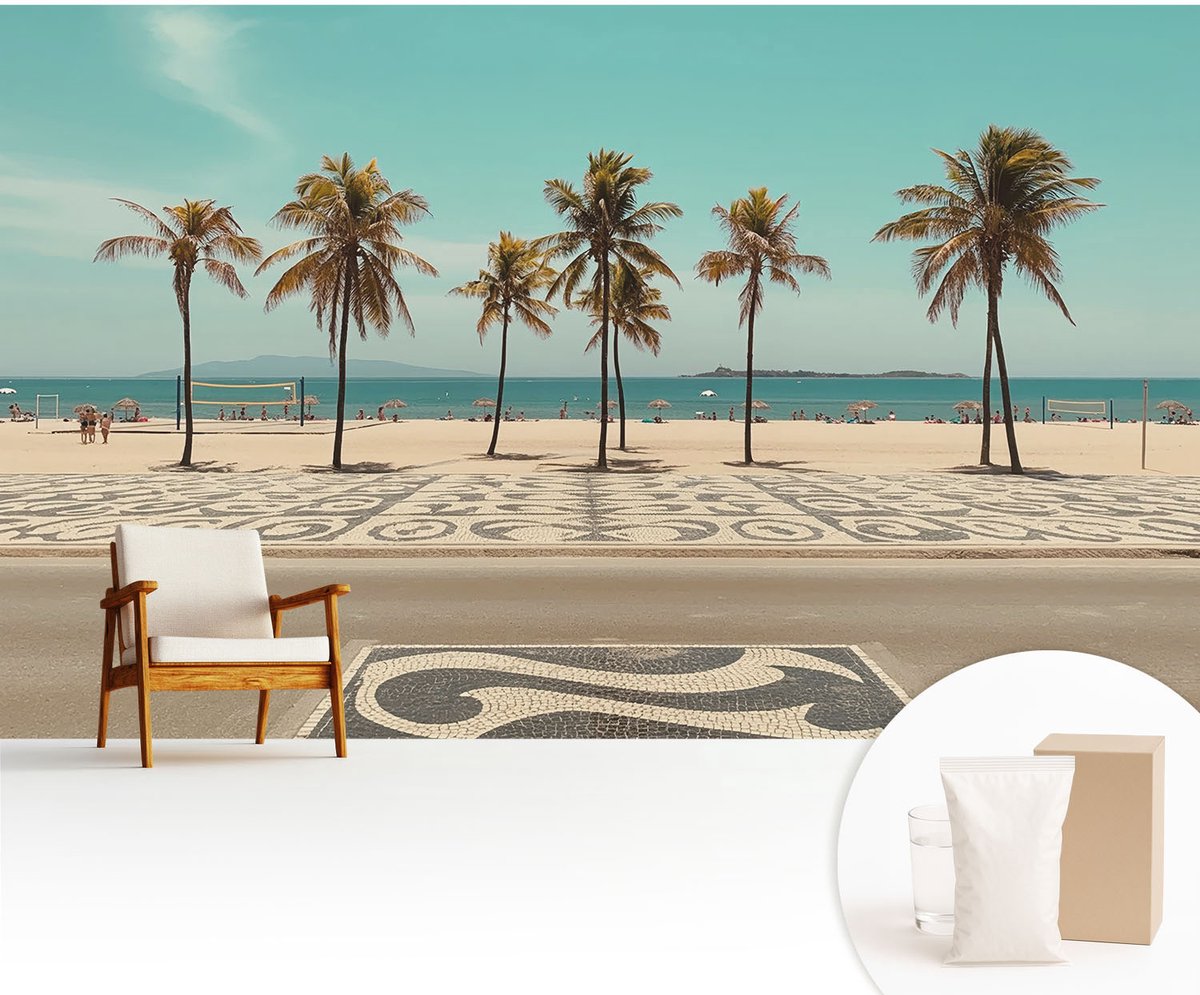 Wallfluent Fotobehang - Turkoois Vliesbehang - 416x254 cm - Palmbomenstrand Fotobehang Vlies - Woonkamer behang Landschappen - Muurschildering - Hal behang