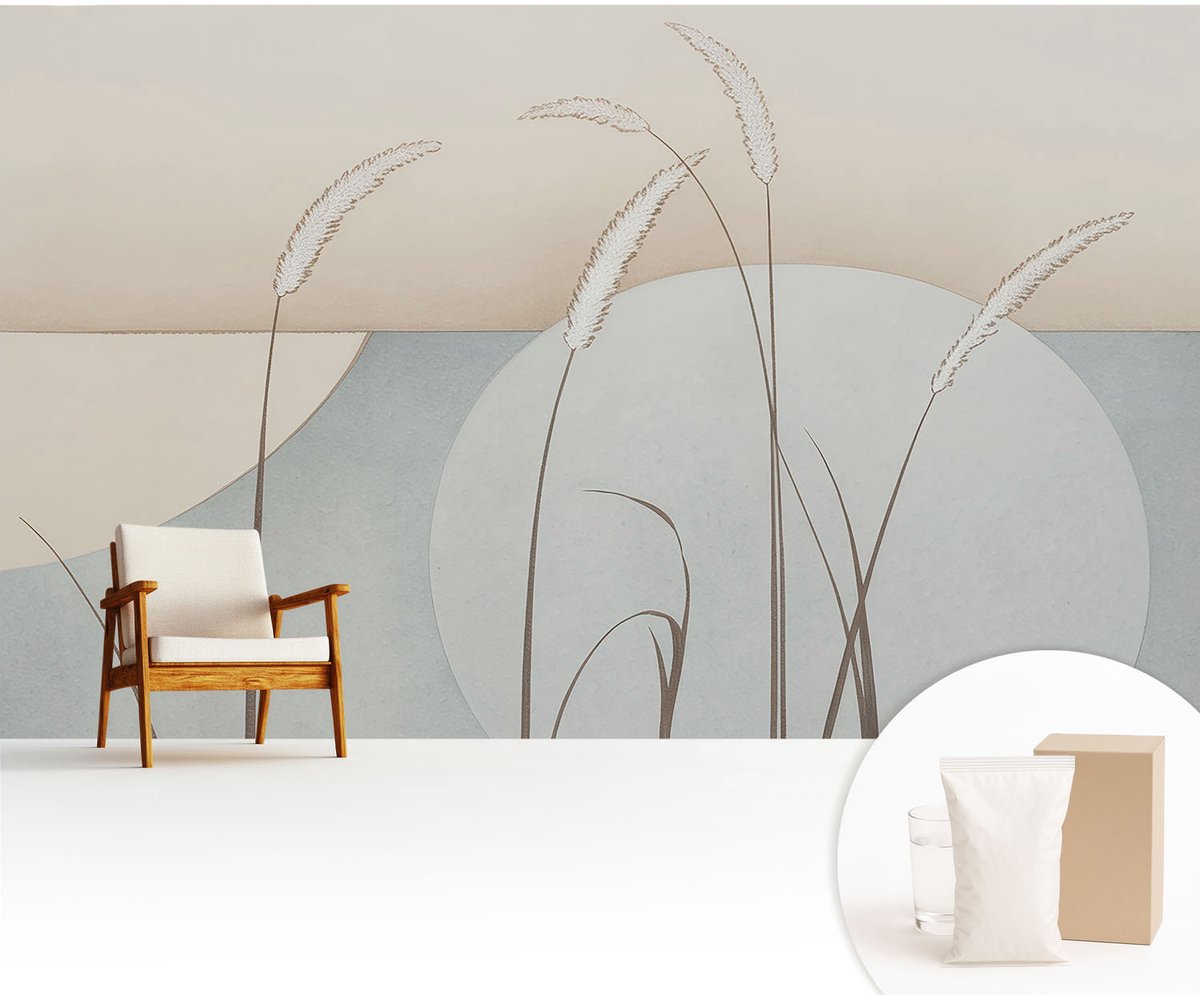 Wallfluent Fotobehang - Beige Vliesbehang - 416x254 cm - Zachte Grassen Fotobehang Vlies - Hal behang Bloemen En Planten - Muurschildering - Hal behang