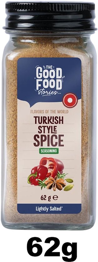 Glazen potje The Good Food Stories Turkse kruidenmix met zwarte dop, 62g, licht gezouten.
