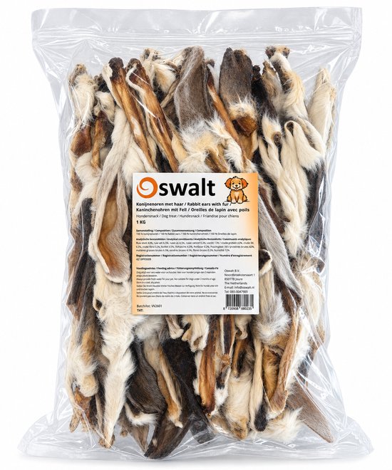 Oswalt konijnenoren met haar in een 1kg verpakking. Natuurlijke hondensnack.