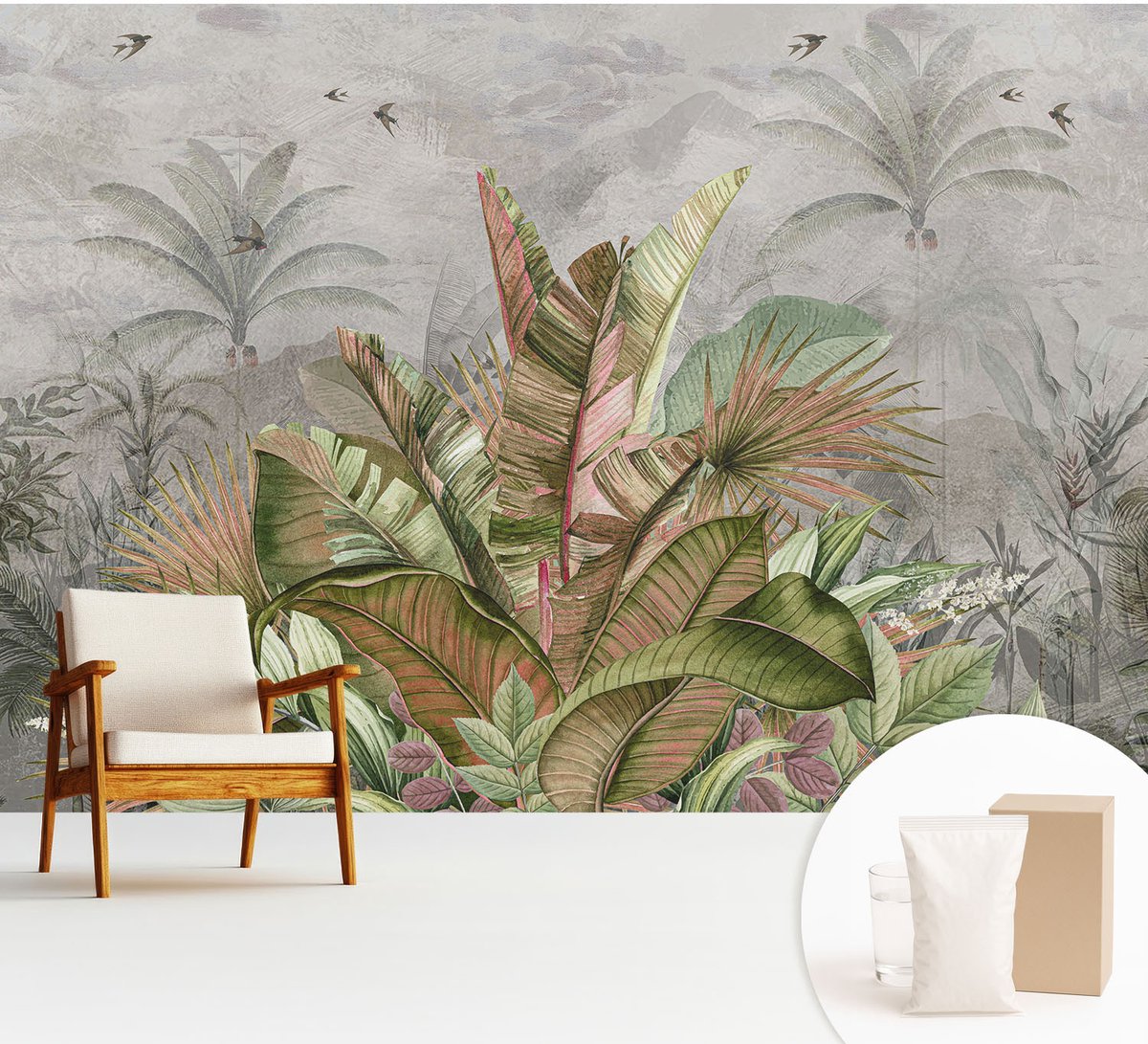 Wallfluent Fotobehang - Grijs Vliesbehang - 312x219 cm - Exotische Jungle Muurschildering - Slaapkamer behang Bloemen En Planten - Fotobehang Vlies - Slaapkamer behang