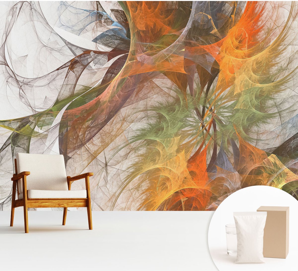 Wallfluent Fotobehang - Oranje Vliesbehang - 312x219 cm - Abstracte Caleidoscoop Muurschildering - Slaapkamer behang Deel - Fotobehang Vlies - Slaapkamer behang