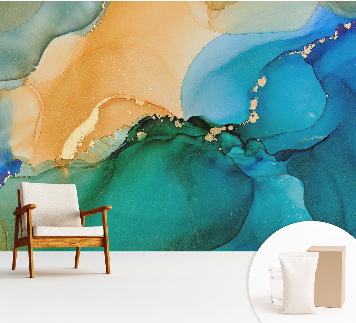 Wallfluent Fotobehang - Blauw Vliesbehang - 312x219 cm - Kleurrijke Golven Fotobehang Vlies - Woonkamer behang Abstractie - Muurschildering - Woonkamer behang