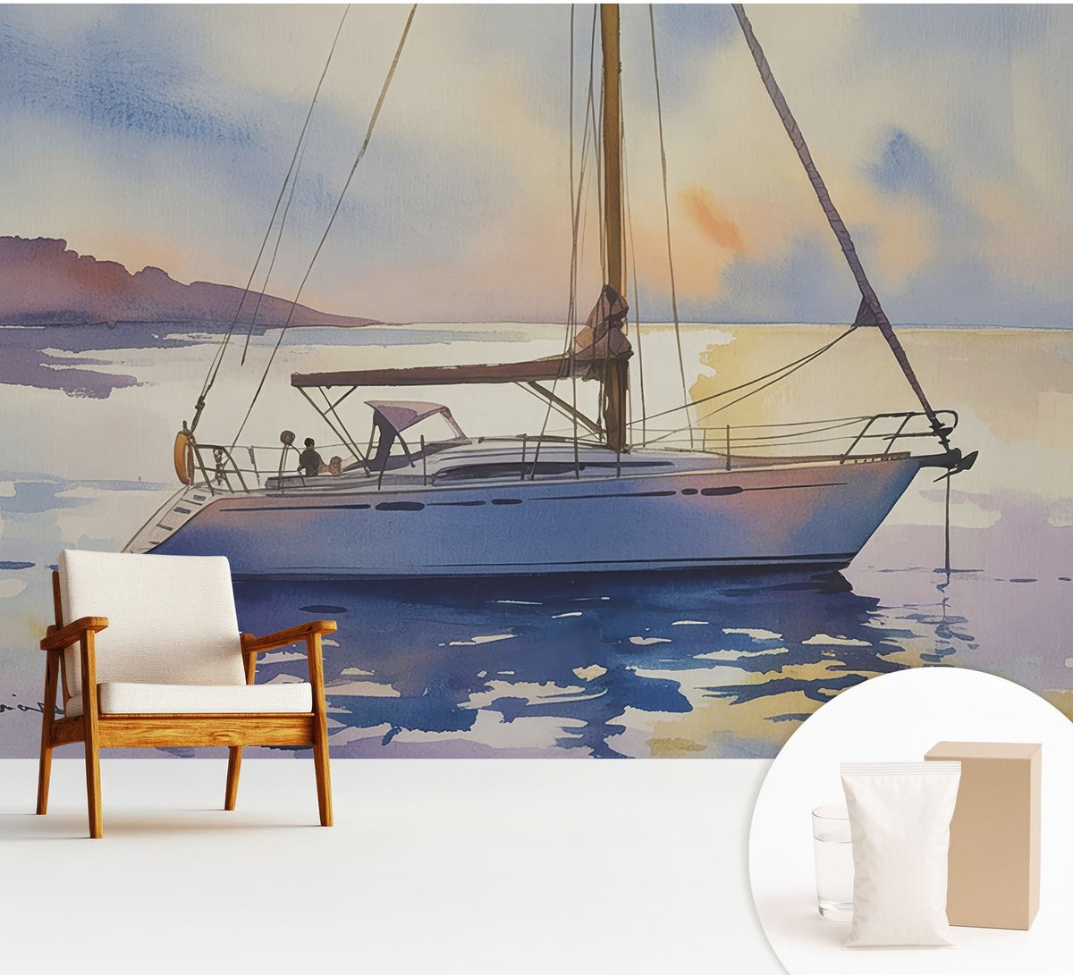 Wallfluent Fotobehang - Blauw Vliesbehang - 312x219 cm - Zeilboot West Fotobehang Vlies - Hal behang Landschappen - Muurschildering - Woonkamer behang