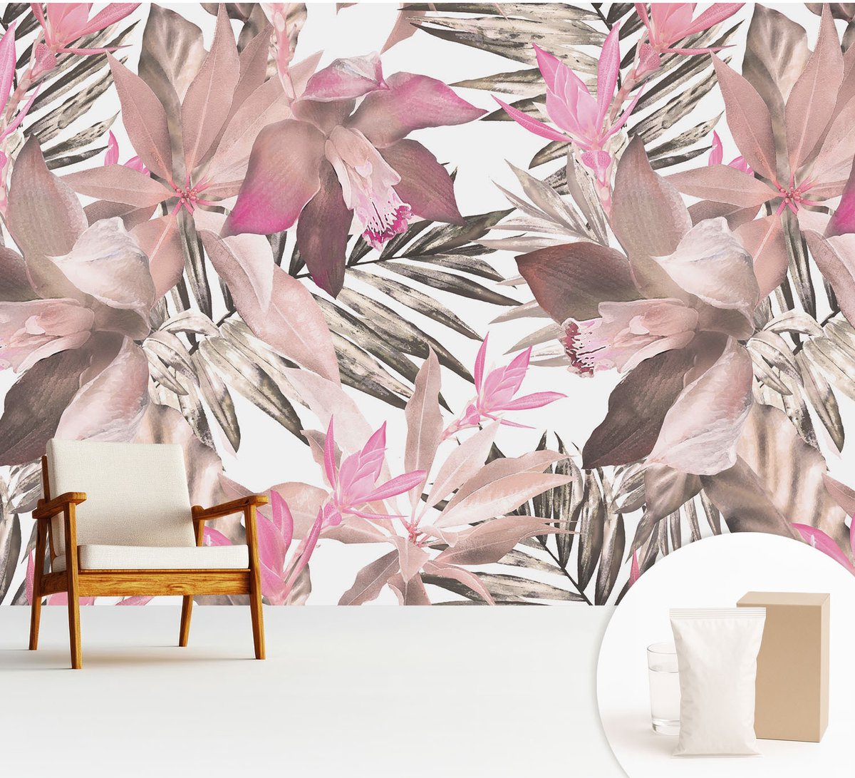 Wallfluent Fotobehang - Bruin Vliesbehang - 312x219 cm - Exotische Bloemen Muurschildering - Gang behang Bloemen En Planten - Fotobehang Vlies - Gang behang