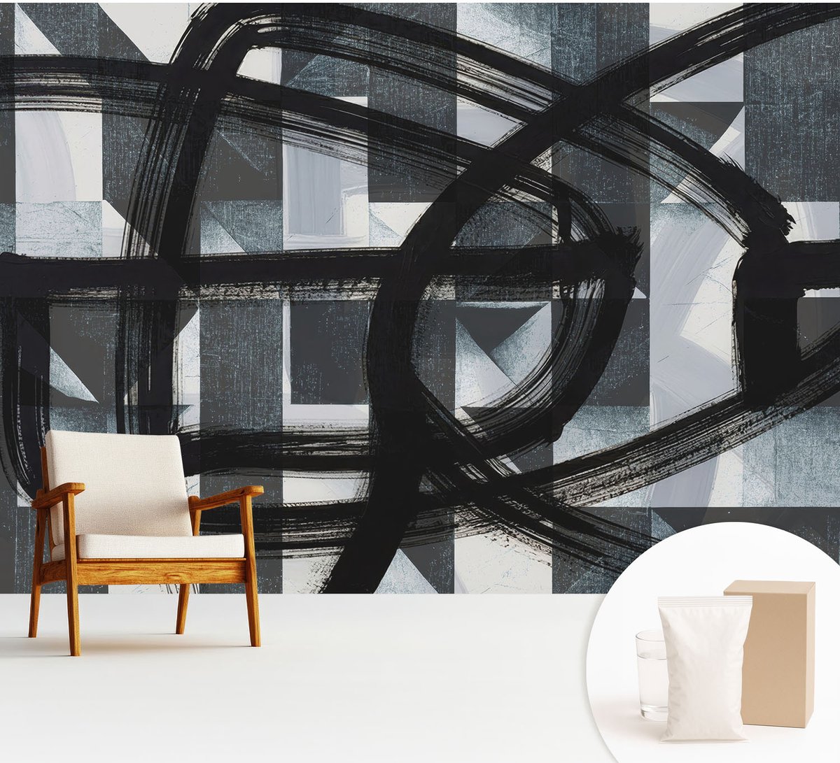 Wallfluent Fotobehang - Zwart Vliesbehang - 312x219 cm - Expressieve Geometrie Muurschildering - Slaapkamer behang Abstractie - Fotobehang Vlies - Gang behang