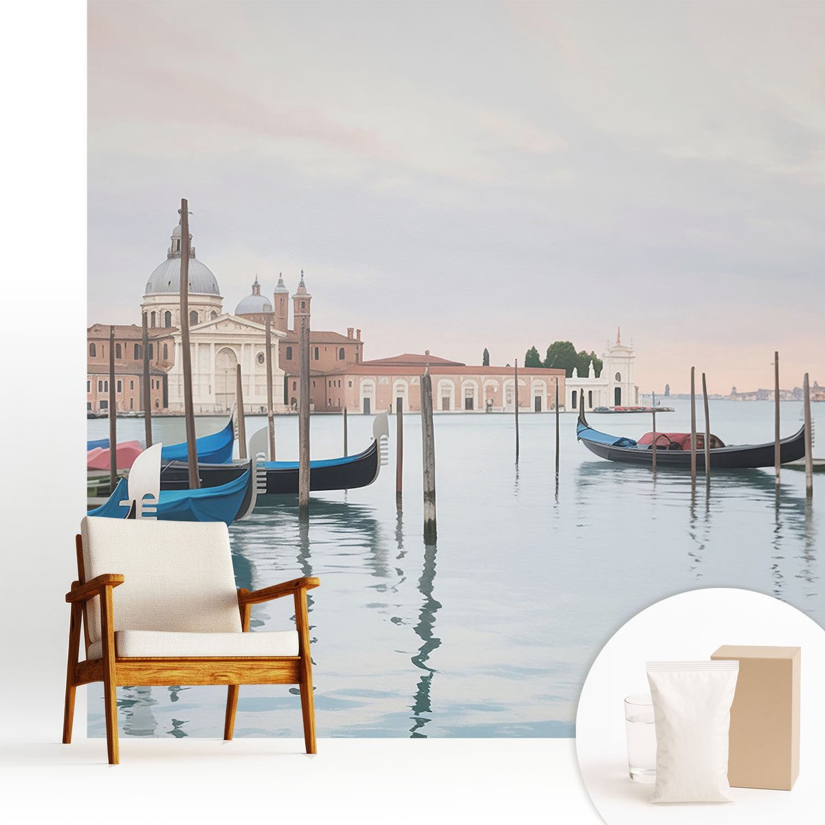 Wallfluent Fotobehang - Wit Vliesbehang - 250x250 cm - Venetiaans Landschap Fotobehang Vlies - Hal behang Landschappen - Muurschildering - Woonkamer behang
