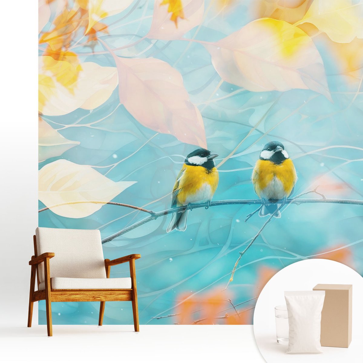 Wallfluent Fotobehang - Blauw Vliesbehang - 250x250 cm - Lente Vogels Fotobehang Vlies - Hal behang Dieren - Muurschildering - Woonkamer behang