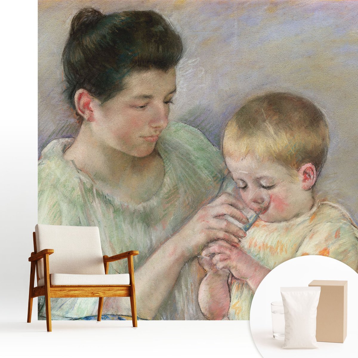 Wallfluent Fotobehang - Romig Vliesbehang - 250x250 cm - Ouderlijke Zorg Fotobehang Vlies - Hal behang Mensen - Muurschildering - Woonkamer behang