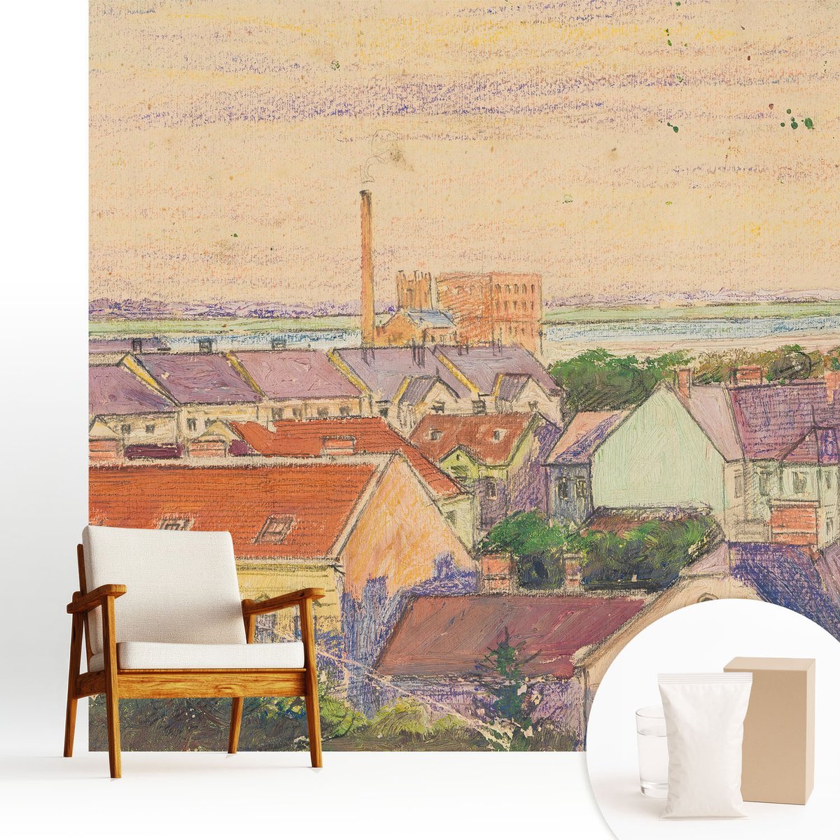 Wallfluent Fotobehang - Beige Vliesbehang - 250x250 cm - Stedelijke Daken Muurschildering - Gang behang Architectuur - Fotobehang Vlies - Slaapkamer behang
