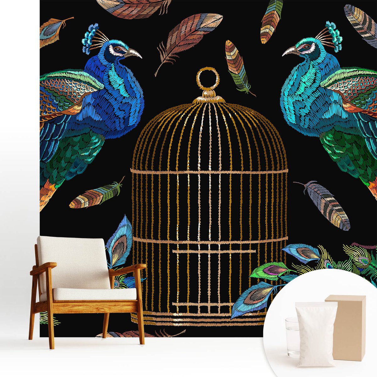 Wallfluent Fotobehang - Zwart Vliesbehang - 250x250 cm - Afbeelding Van Een Pauw Fotobehang Vlies - Hal behang Dieren - Muurschildering - Woonkamer behang