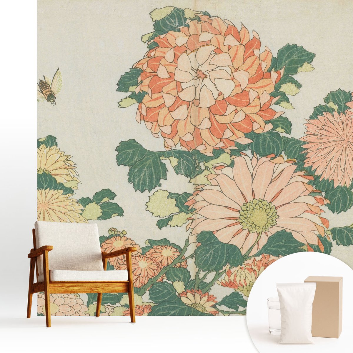 Wallfluent Fotobehang - Romig Vliesbehang - 250x250 cm - Chrysantenbloemen Muurschildering - Gang behang Bloemen En Planten - Fotobehang Vlies - Slaapkamer behang